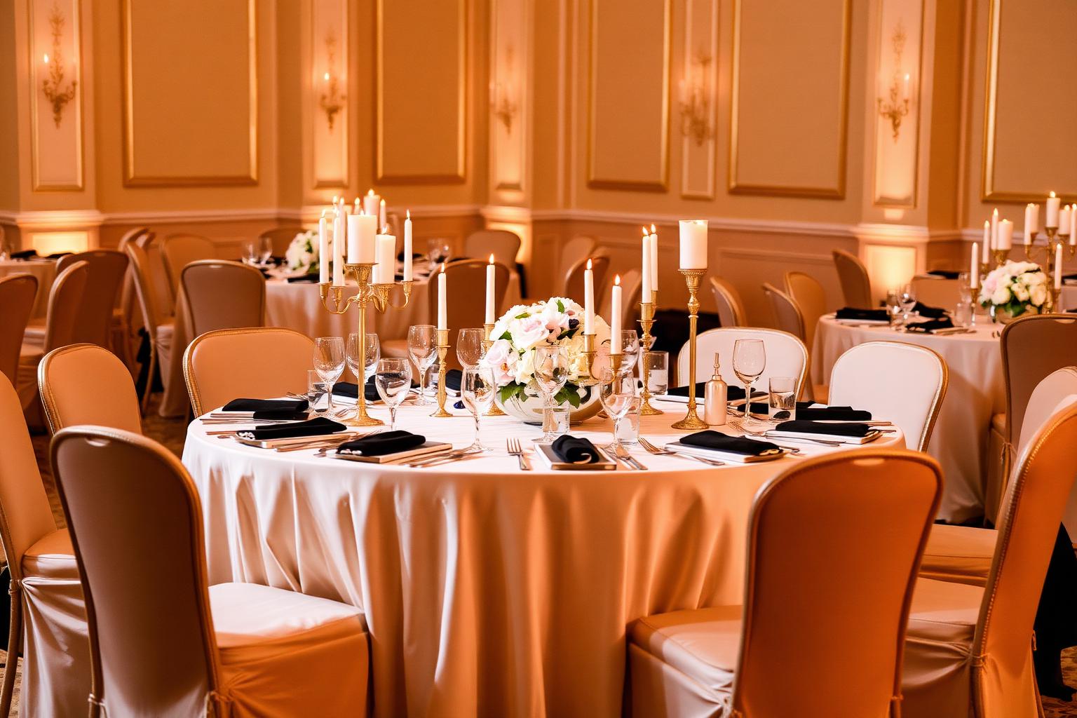Elegant event setup with gold candles and floral centerpieces